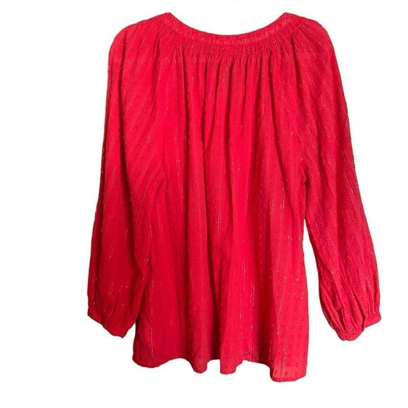 Old Navy Top Womens XL Red Gold Metallic Stripe Flounce Cotton Blend Blouse - Picture 6 of 9